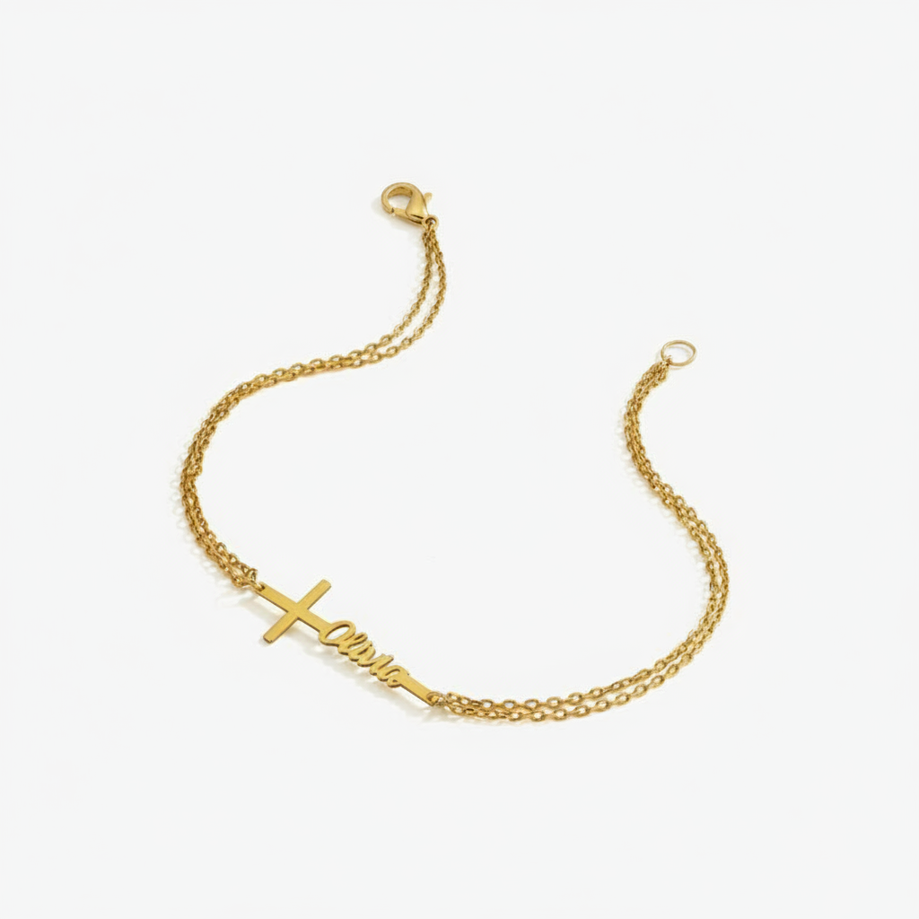Custom Baptism Name Bracelet P - Cross Pendant Necklace Gold recension och pris