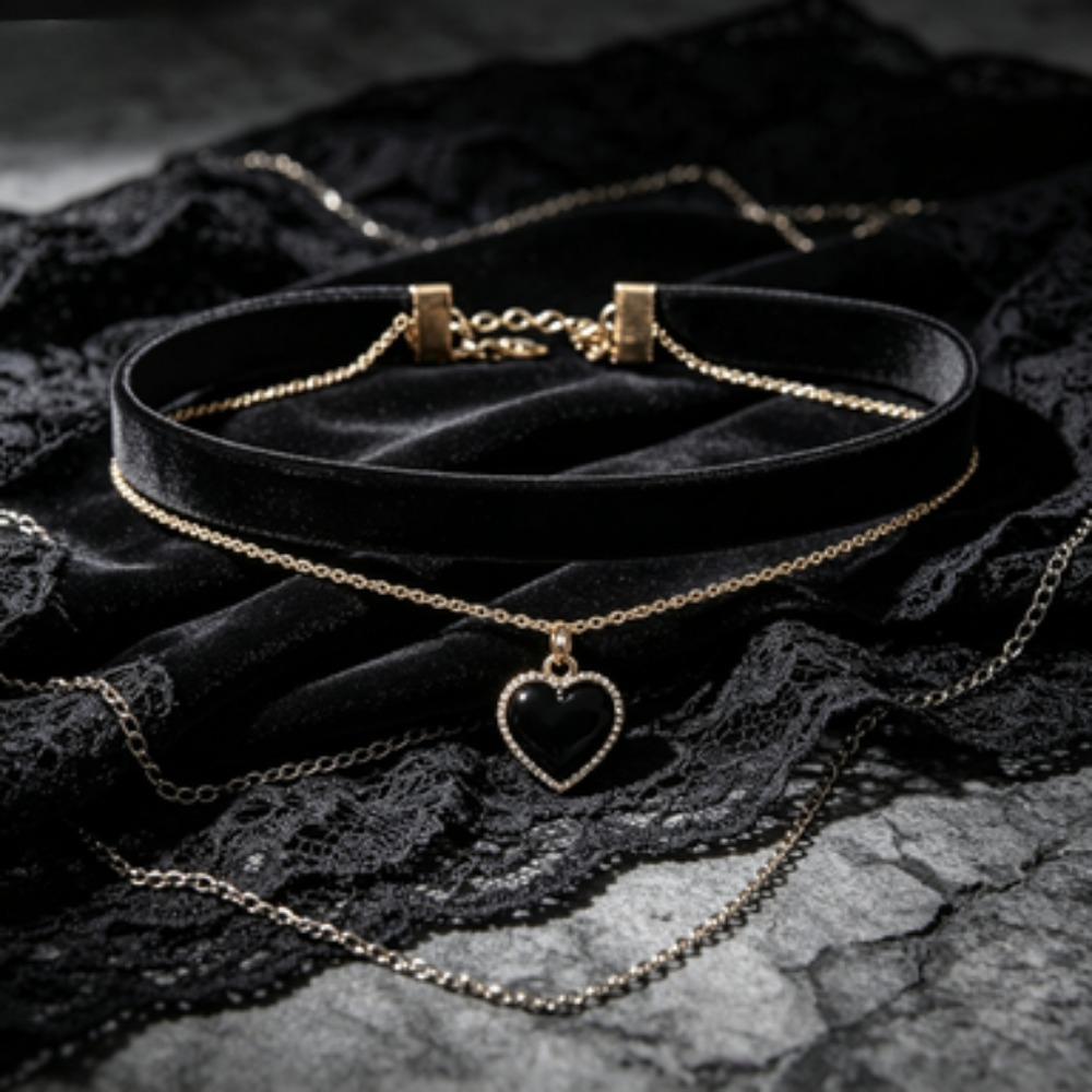 Multi Layer Black Peach Heart  - Layered Pendant Necklace Aesthetic recension och pris