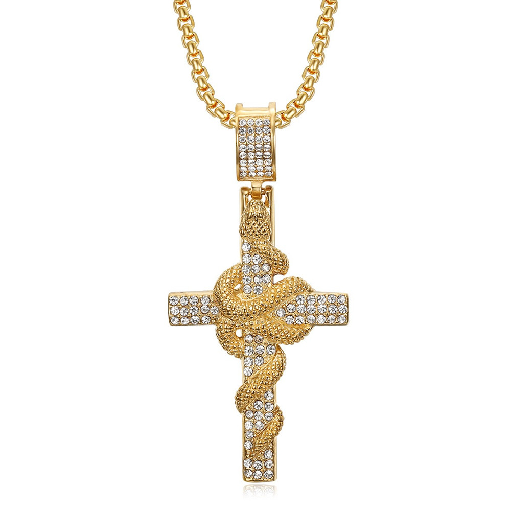 Snake Pattern Carved Stainless - Cross Pendant Necklace Gold recension och pris