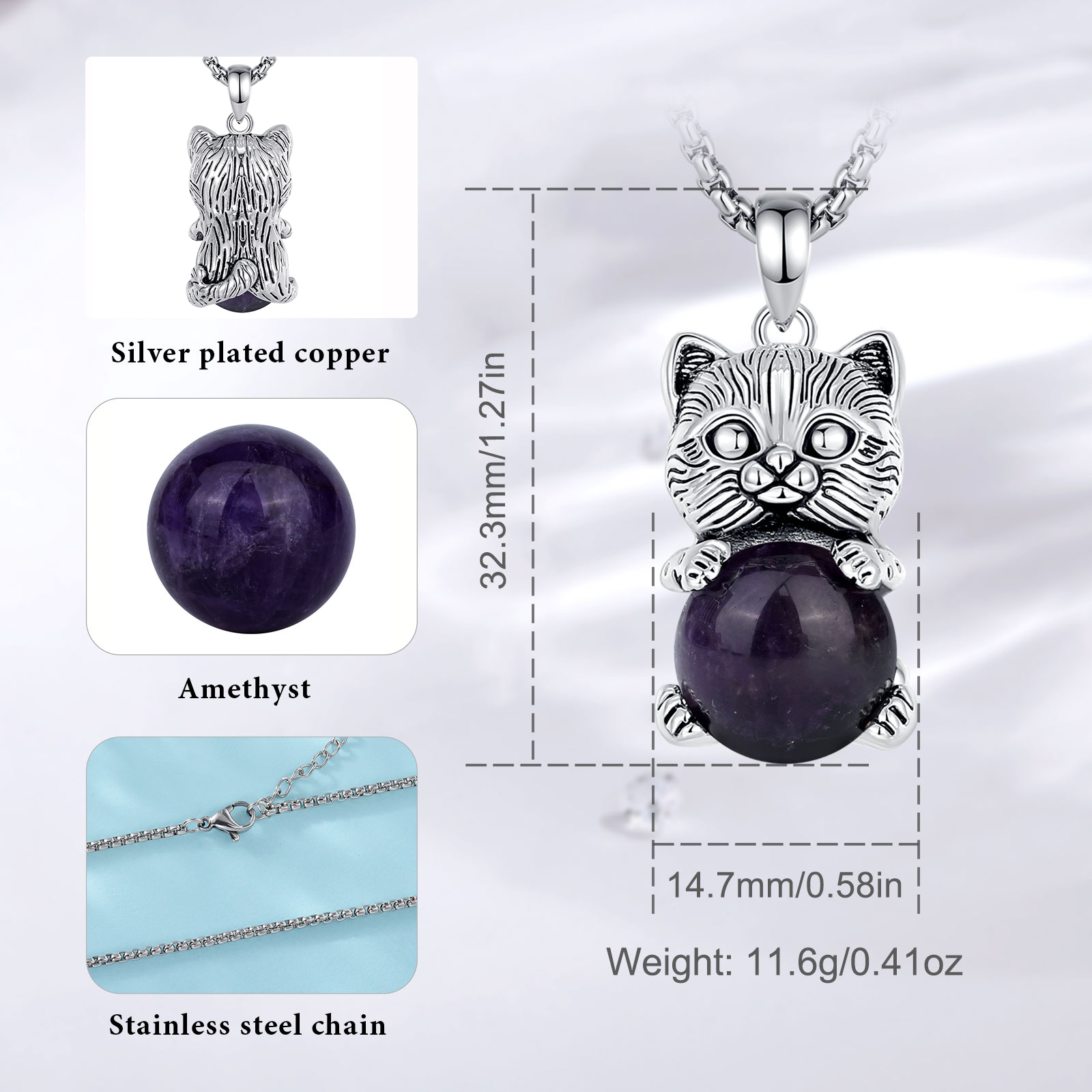 Eudora Cute Cat Amethyst Neckl - Crystal Pendant Necklace Natural Stone recension och pris
