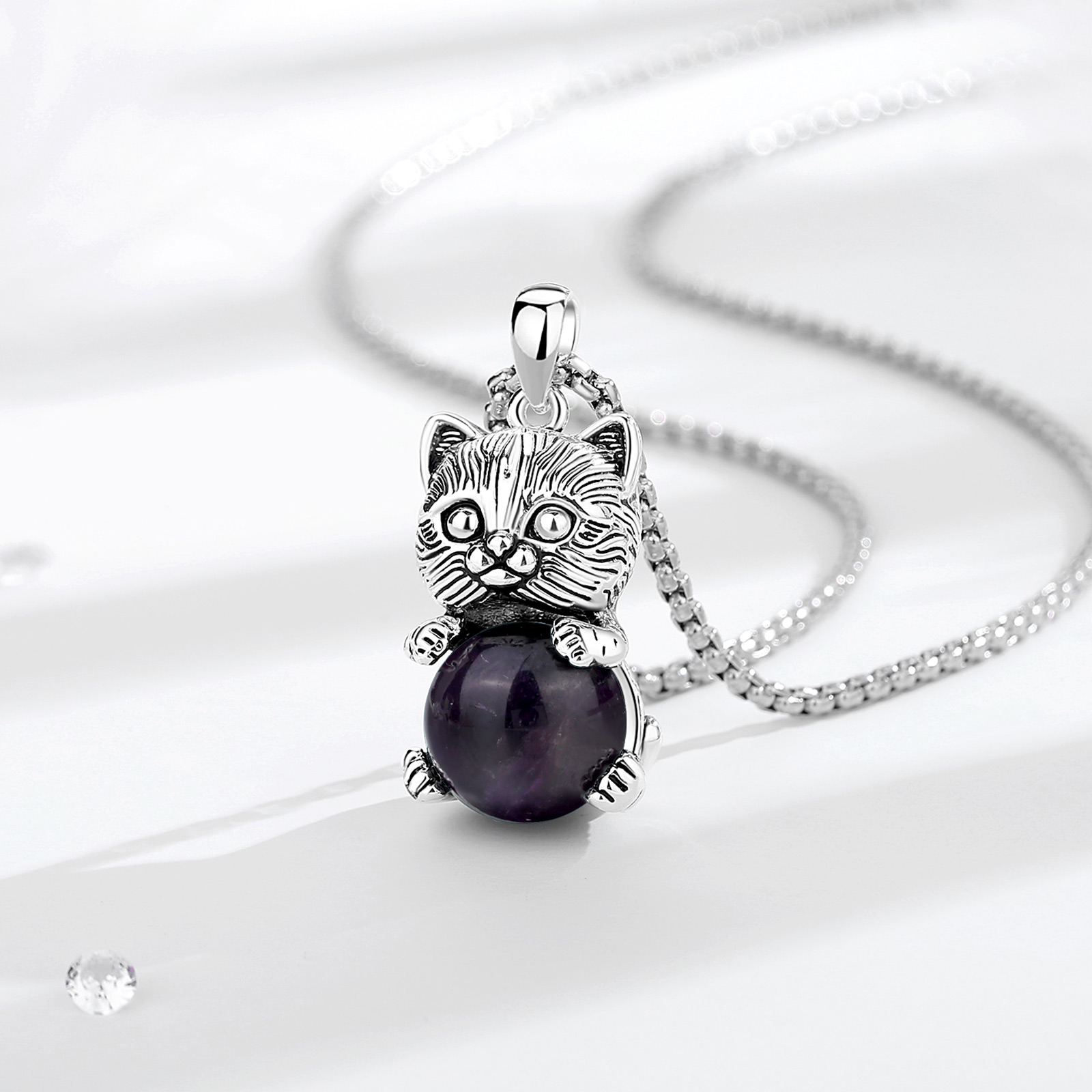 Eudora Cute Cat Amethyst Neckl - Crystal Pendant Necklace Natural Stone recension och pris